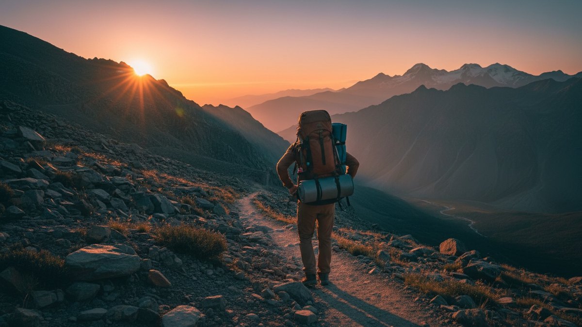 Randonneur ajustant la ceinture de son sac à dos sur un sentier de montagne