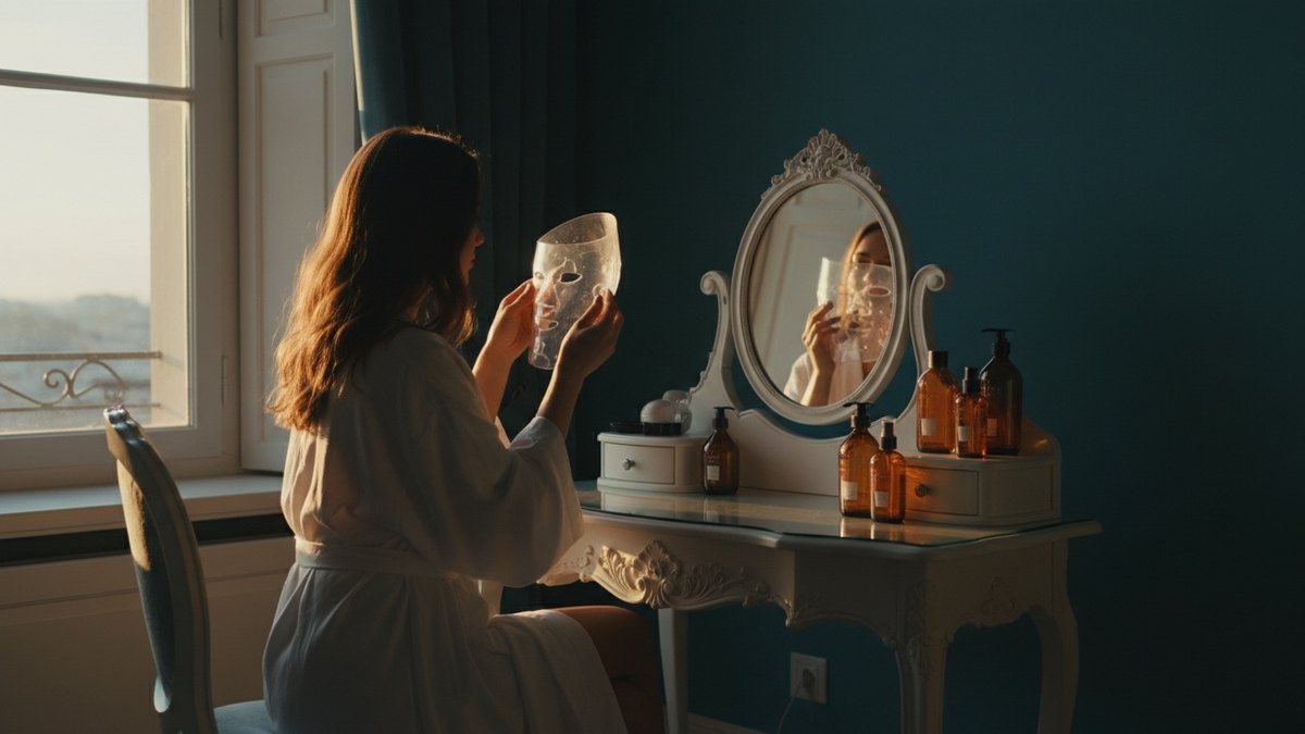 Femme tenant un masque de luminothérapie devant sa coiffeuse