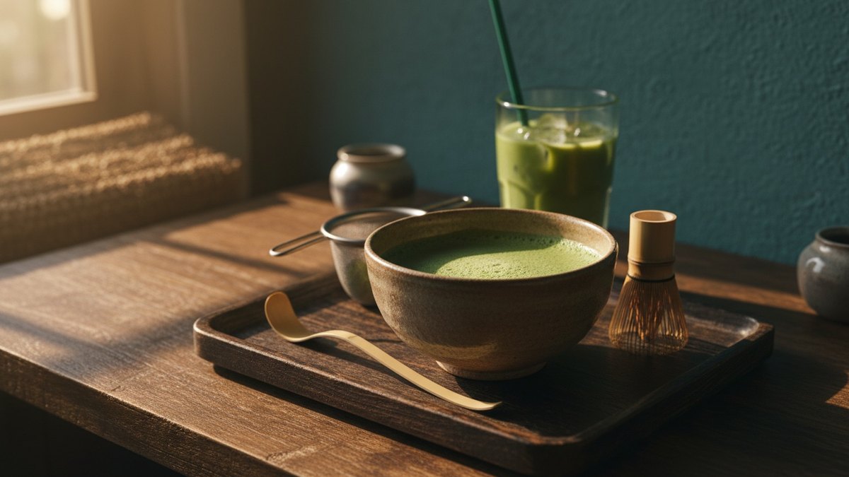 Bol de matcha mousseux avec fouet en bambou sur un plateau en bois