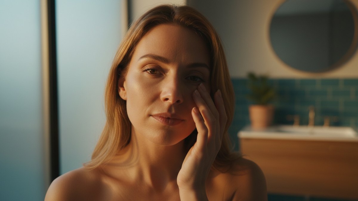 Femme touchant délicatement sa joue irritée dans une lumière douce