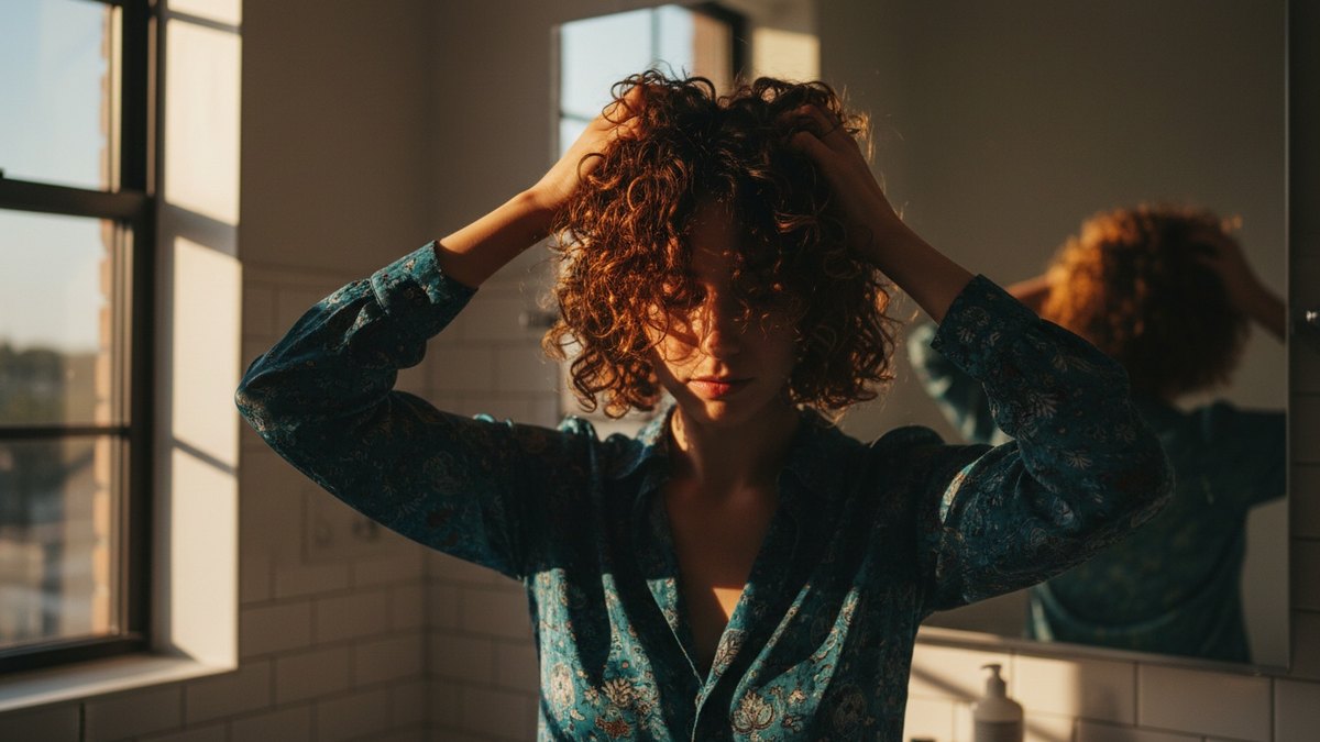 Femme aux cheveux bouclés appliquant une crème coiffante